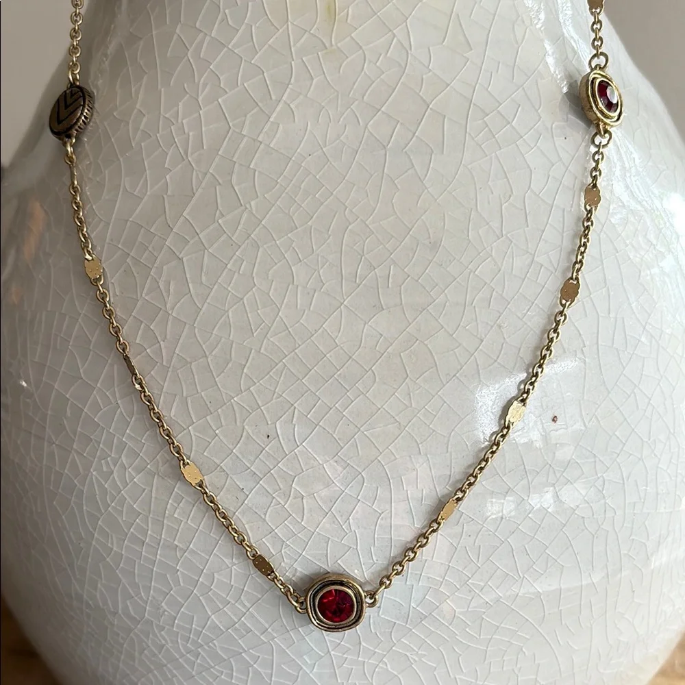 The Sak Gold and Ruby Red Crystal Station Necklace Minimalist Design